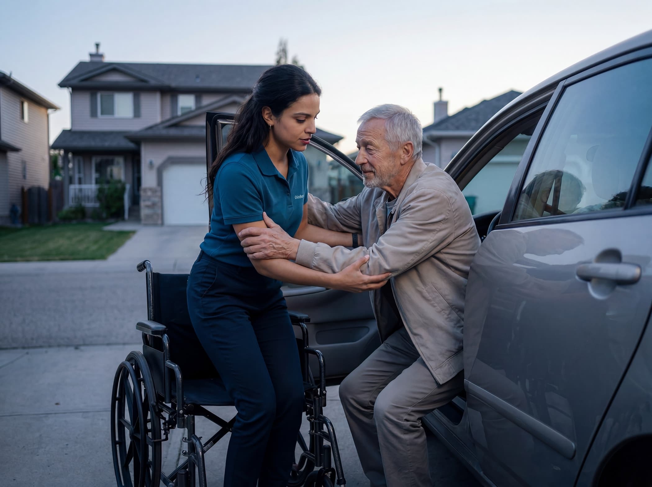 A KindHavn care aide helping a client into a car at dusk